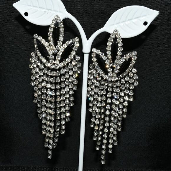 Vintage Black Rhinestone Floral Chandelier Earrings Long Dangle Fringe 3.5” - Picture 5 of 10